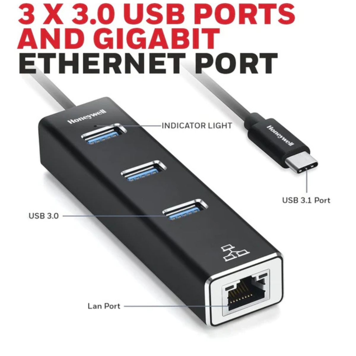 Honeywell 4-in-1 Type C 3.1 to USB 3.0 with RJ45 Gigabit Ethernet Adapter, 5GBPS, 3x3.0 USB Ports, Universally Compatible with Type C MacBooks, laptops, PCs, Tablets | HC000006/ADP/BLK