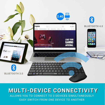 Rapoo 9320M Multi-Mode Wireless Keyboard & Mouse Combo – Bluetooth 3.0/4.0/5.0, 2.4GHz, Spill-Resistant, 1300 DPI Mouse