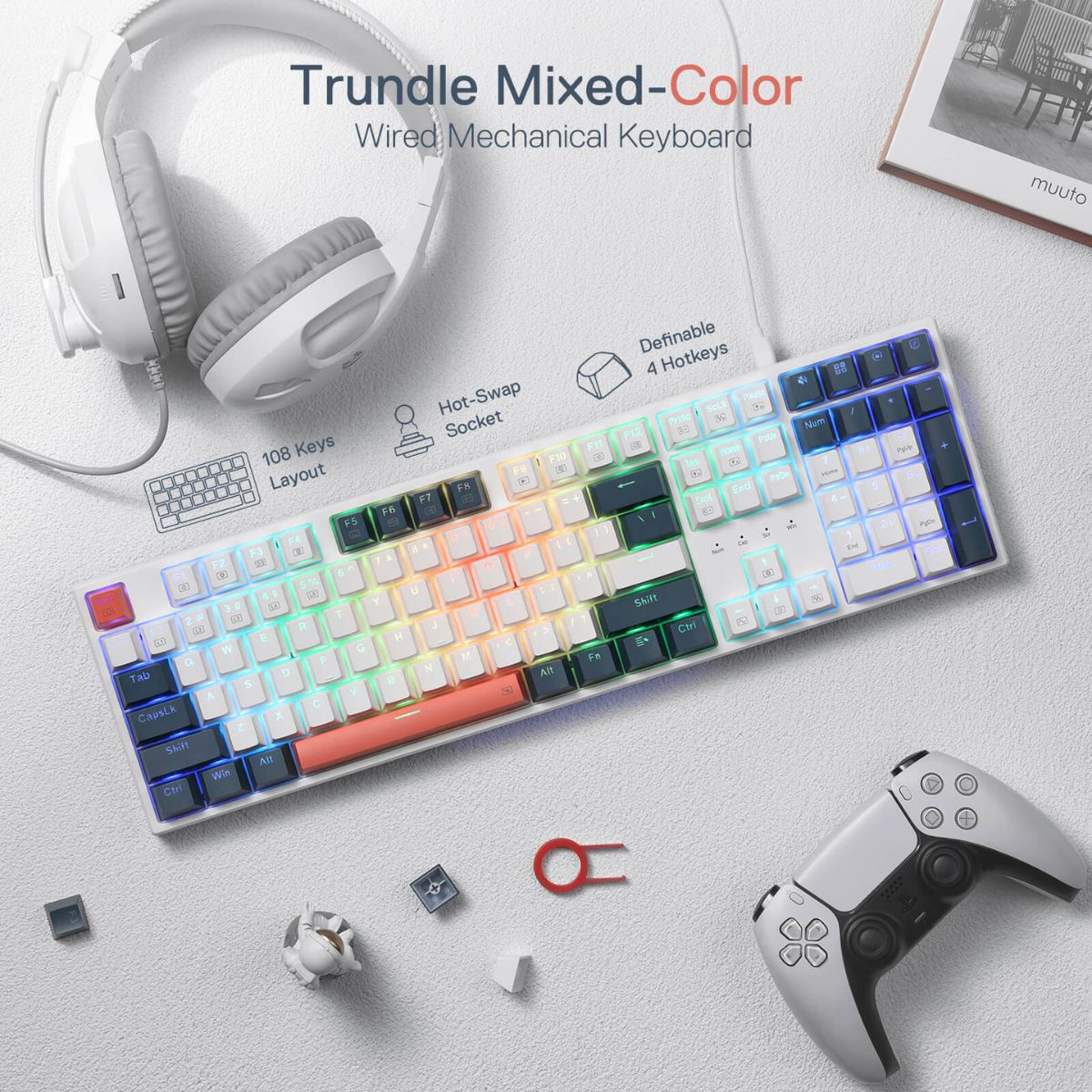 Redragon Trundle K668WBO RGB Full Size Mechanical Gaming Keyboard – 108 Keys, Hot-Swappable Red Switches, RGB, White (English Layout)