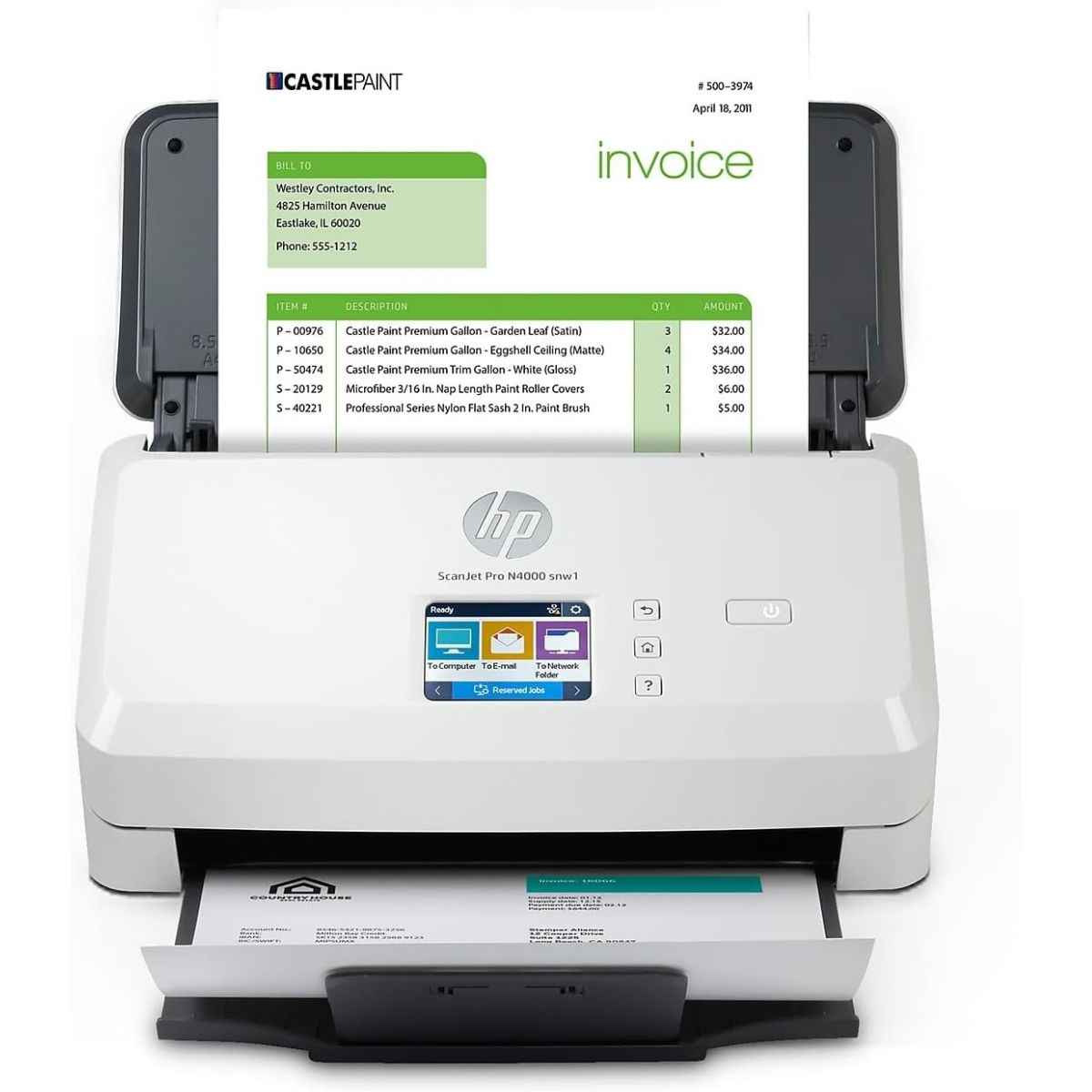 HP ScanJet Pro N4000 SNW1 Sheet Feed Scanner, Up to 600 dpi Scan Resolution, 50 Sheets Document Feeder Capacity, 4,000 Page Duty Cycle, Support Ehternet, WiFi & WiFi Direct, White | 6FW08A