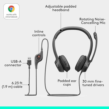 Logitech H390 USB Headset with Noise-Canceling Mic – Digital Stereo Sound & Plug-and-Play USB-A Connectivity