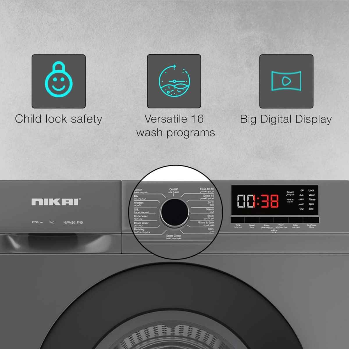 Nikai NWM801FN9S 8KG Front Load Washing Machine – 1200 RPM, 16 Programs, BLDC Inverter Motor, Steam Wash, Silver