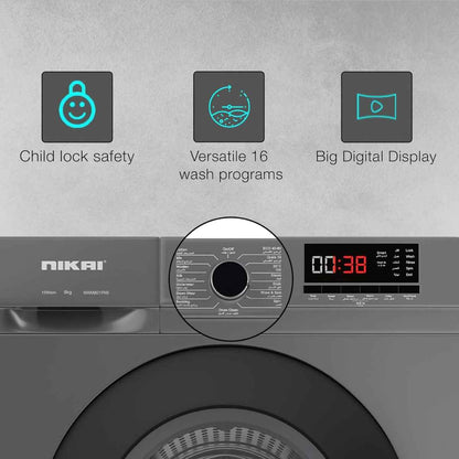 Nikai NWM801FN9S 8KG Front Load Washing Machine – 1200 RPM, 16 Programs, BLDC Inverter Motor, Steam Wash, Silver