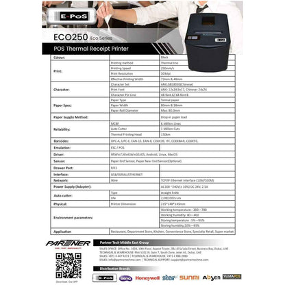 EPOS Eco Series Thermal Receipt Printer, 203Dpi Resolution, Serial / Usb / Ethernet, UK Plug, 250mm/sec High Speed Printing, 80mm Low Noise Thermal, Black | ECO250USE