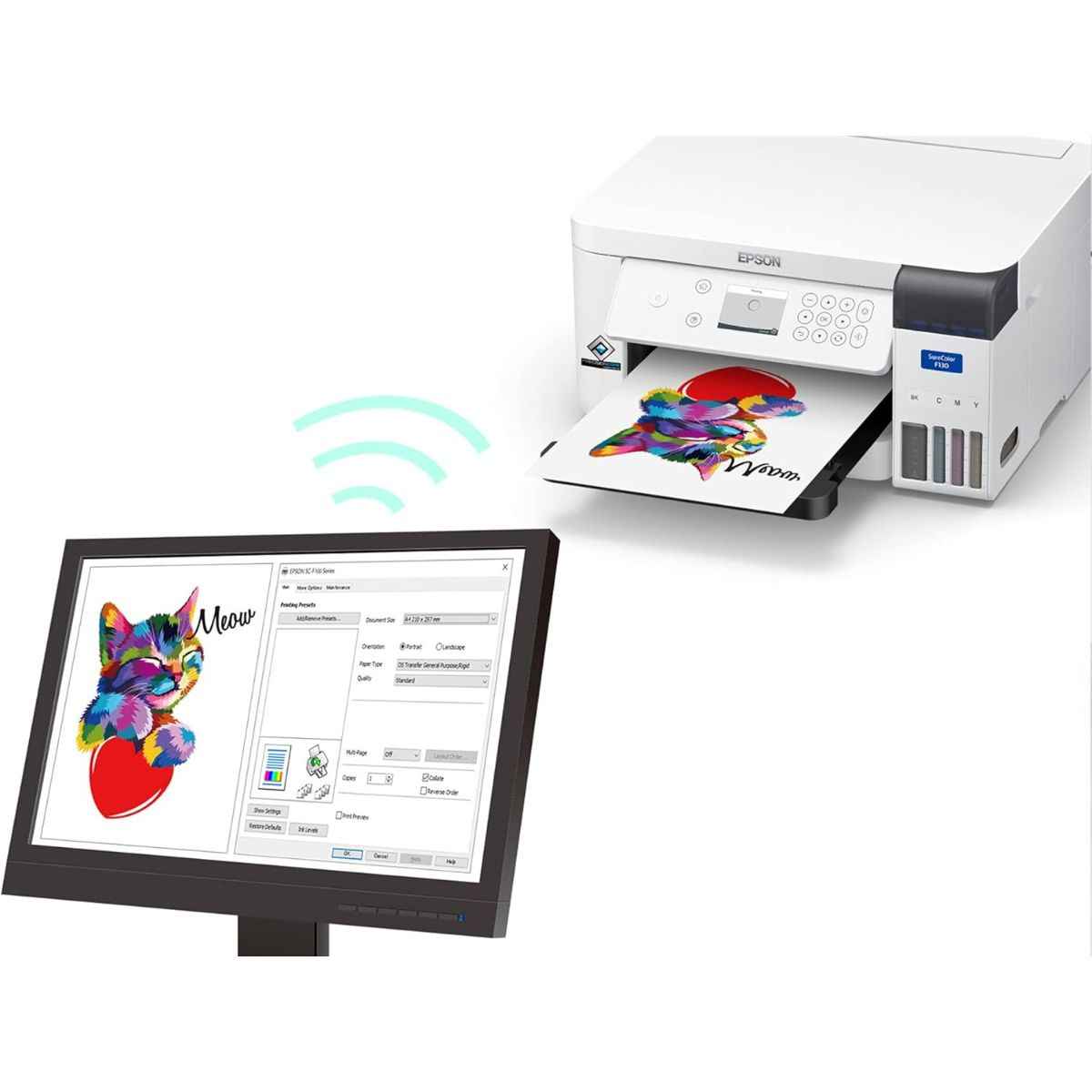 Epson SC-F100 A4 Dye Sublimation Printer, Minimum droplet size 3.8pl, Wi-Fi, Ethernet, USB 2.0 Connectivity, PrecisionCore Micro TFP Printhead, Refillable Ink 140ml Bottles, White | C11CJ80301