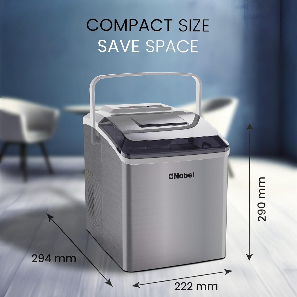 Nobel Ice Cube Maker 10-12kgs/24 Hrs Ice Making Capacity with 9pcs Ice in 8 Minutes Per Cycle|1.3 L Water Container Capacity with LED Indicator 150 W NIM13S Silver
