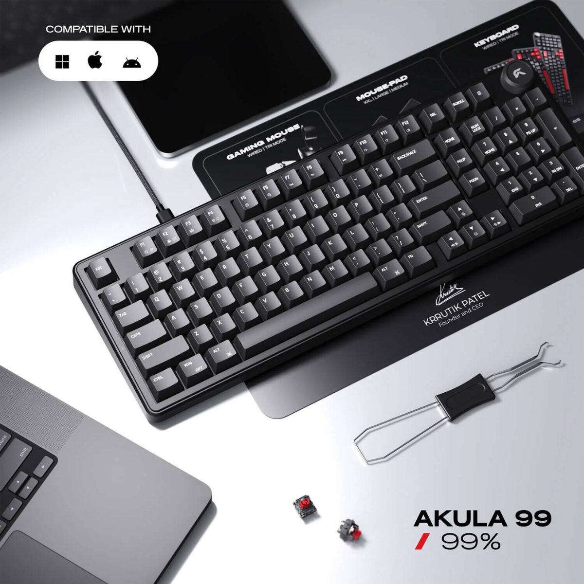 Cybeart Akula 99 Lite Mechanical Gaming Keyboard | 99% Compact Full-Size Layout | Hot-Swappable Linear Switches | RGB Backlit | USB-C Wired | Media Knob | Black | KB-AKULA99LITE-CYB01