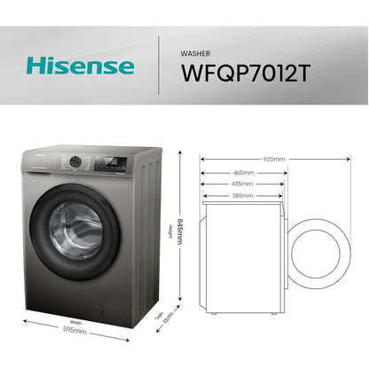 Hisense WFQP7012T Front Load Slim Washing Machine, 7kg Capacity, Inverter Motor, 1200 RPM Spin Speed, Steam Care, Quick Wash, Titanium Grey