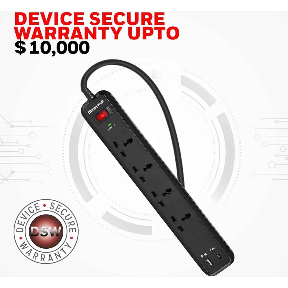 Honeywell Surge Protector - 4 Universal Sockets, 1xPD 18W & 1xUSB, 2 Meter Cord, Black