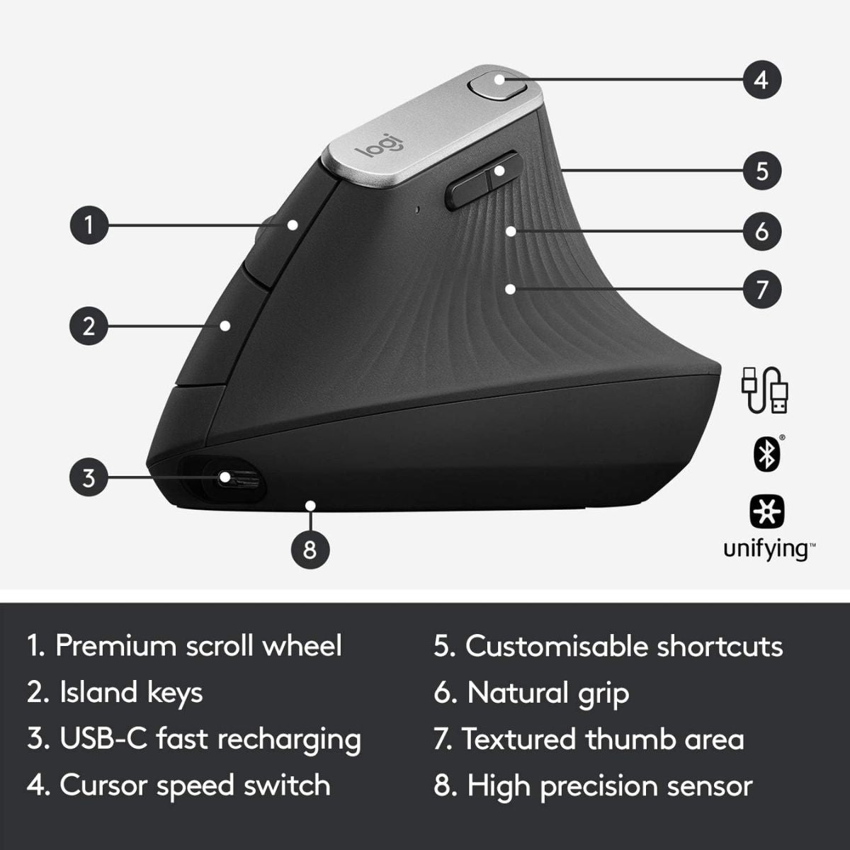 Logitech MX Vertical Advanced Ergonomic Mouse, Wired & Wireless Bluetooth Connectivity, Advanced Optical Tracking, Natural Handshake Position, Black | 910-005448 / 910-005447 (Unit with Box)