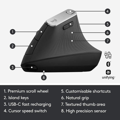 Logitech MX Vertical Advanced Ergonomic Mouse, Wired & Wireless Bluetooth Connectivity, Advanced Optical Tracking, Natural Handshake Position, Black | 910-005448 / 910-005447 (Unit with Box)