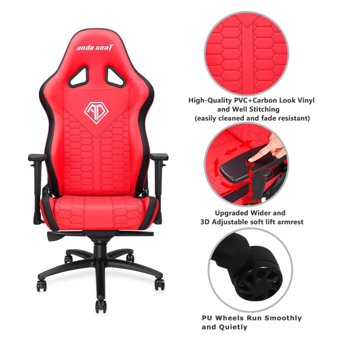 AndaSeat Spirit King Series Gaming Chair, Armrest 3D frog tray big lumbar pillow headrest pillow 65mm casters black aluminum base - Red & Black