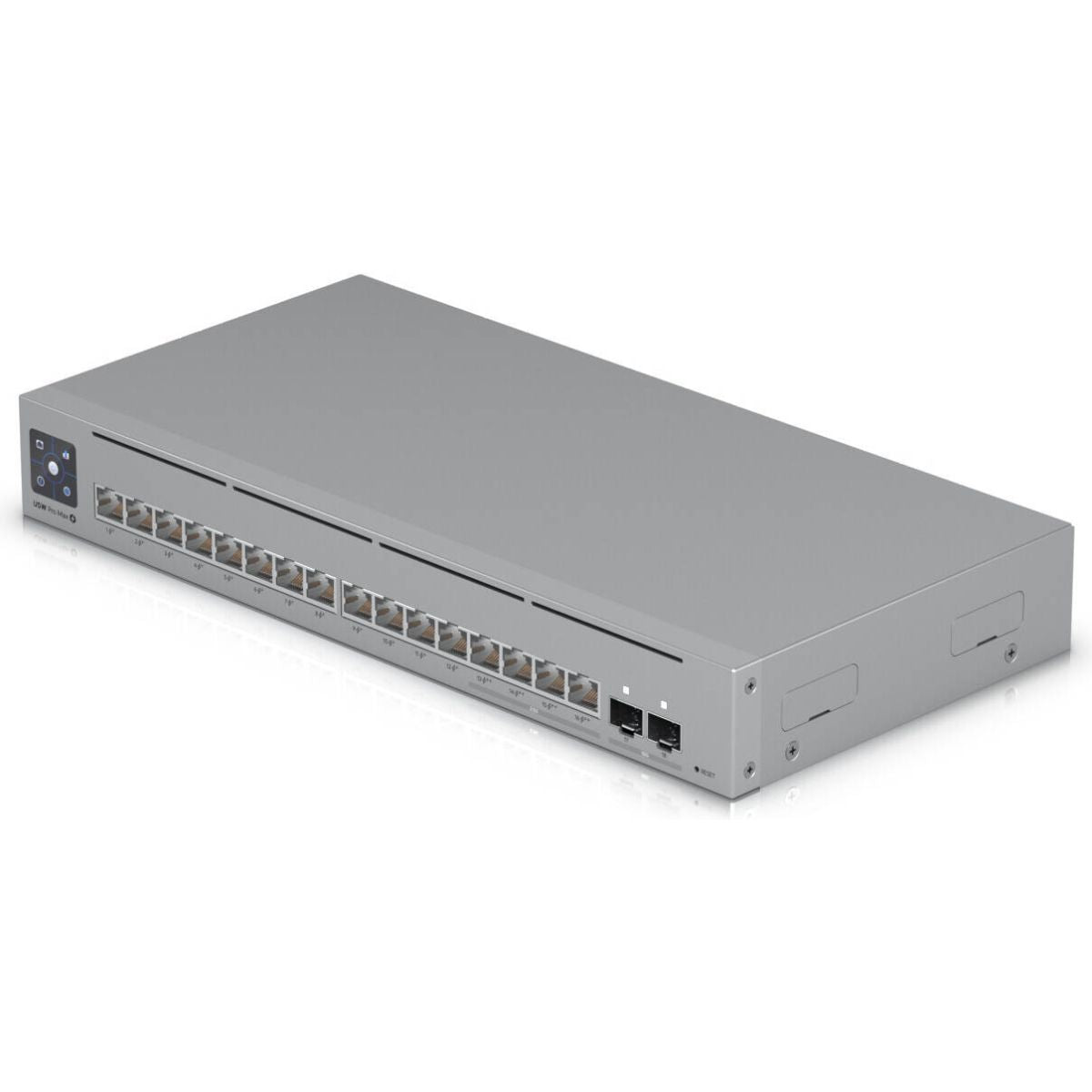 Ubiquiti Switch Pro Max 16 PoE Switch, 84 Gbps Switching Capacity, 64.496 Mpps Forwarding Rate, 1.3" Touch Display, 180W Total PoE Available, Ethernet In-Band, Gray | USW-Pro-Max-16-PoE (180W)