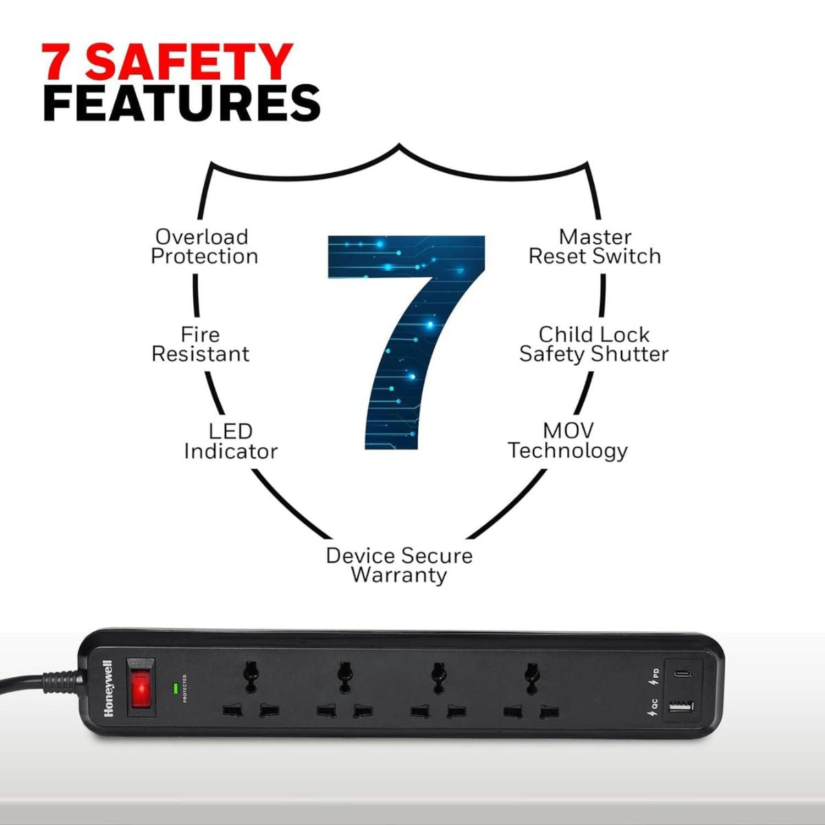 Honeywell Surge Protector, 4 Universal Sockets, 1× USB &amp; 1× PD 18W USB-C Port, 2 Meter Cable, Black | HC000022/SRG/2M/BLK/4/USB/PD18W/UK (Without Box)
