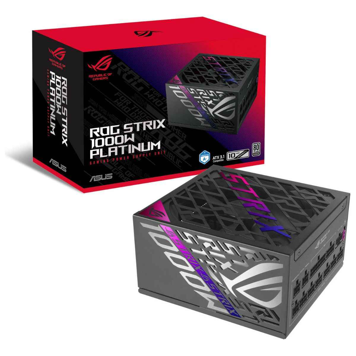 Asus ROG Strix 1000W Fully Modular Power Supply, 80 PLUS Platinum Efficiency, Active PFC, GaN MOSFET, ATX 3.1 Compatible, Cybernetic Lambda A+, Dual Ball Fan bearings, Black