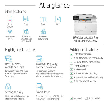 HP M283fdw Color LaserJet Pro Multi-Function Printer, Print, Copy, Scan, Fax, 22 ppm Print Speed, 600 x 600 dpi Resolution, 2.7" Color Touchscreen, 50-Page ADF for Scanning and Copying- 7KW75A