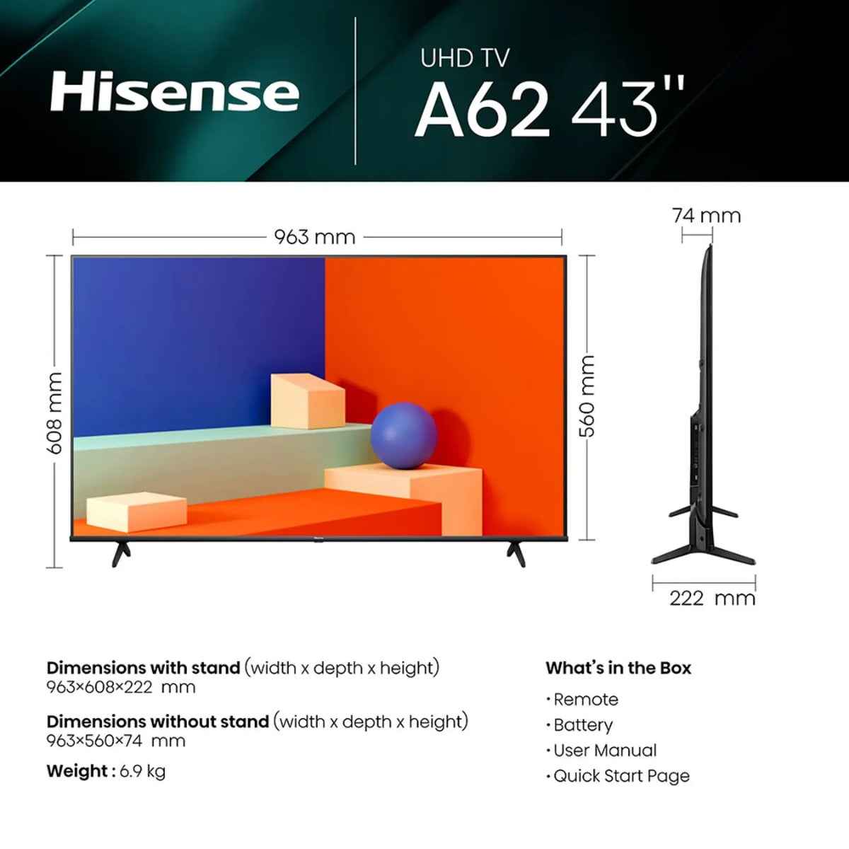 Hisense 43-Inch UHD Smart DLED TV – 4K Ultra HD, Smart TV, HDR Support, DTS Virtual:X Audio, WiFi Connectivity, Black | 43A62NS