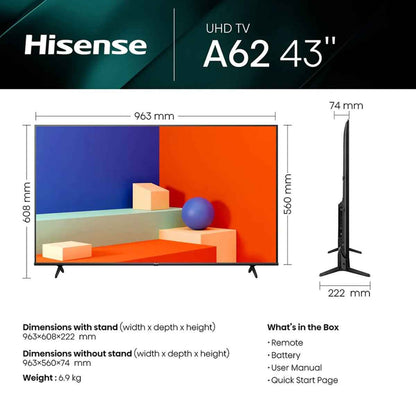 Hisense 43-Inch UHD Smart DLED TV – 4K Ultra HD, Smart TV, HDR Support, DTS Virtual:X Audio, WiFi Connectivity, Black | 43A62NS
