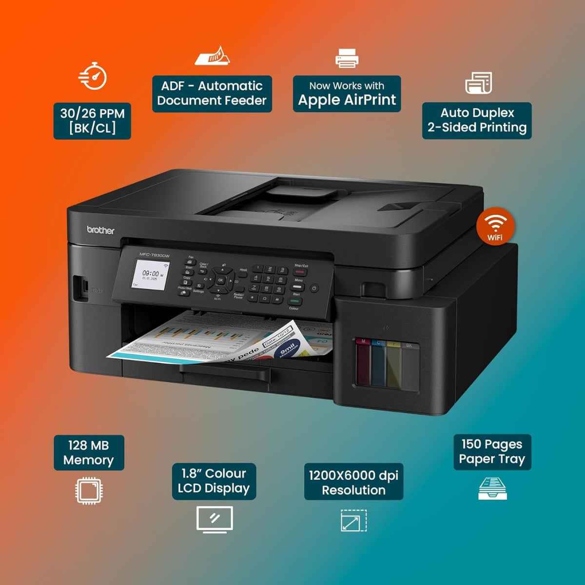Brother MFC-T930DW Ink Tank Printer, Up to 1200 x 6000 DPI, 17 IPM Print Speed, Auto 2-Sided Duplex Printing, 20 Sheets Auto-Document Feeder, WiFi, WiFi-Direct, USB 2.0, LAN, Black | MFC T930DW