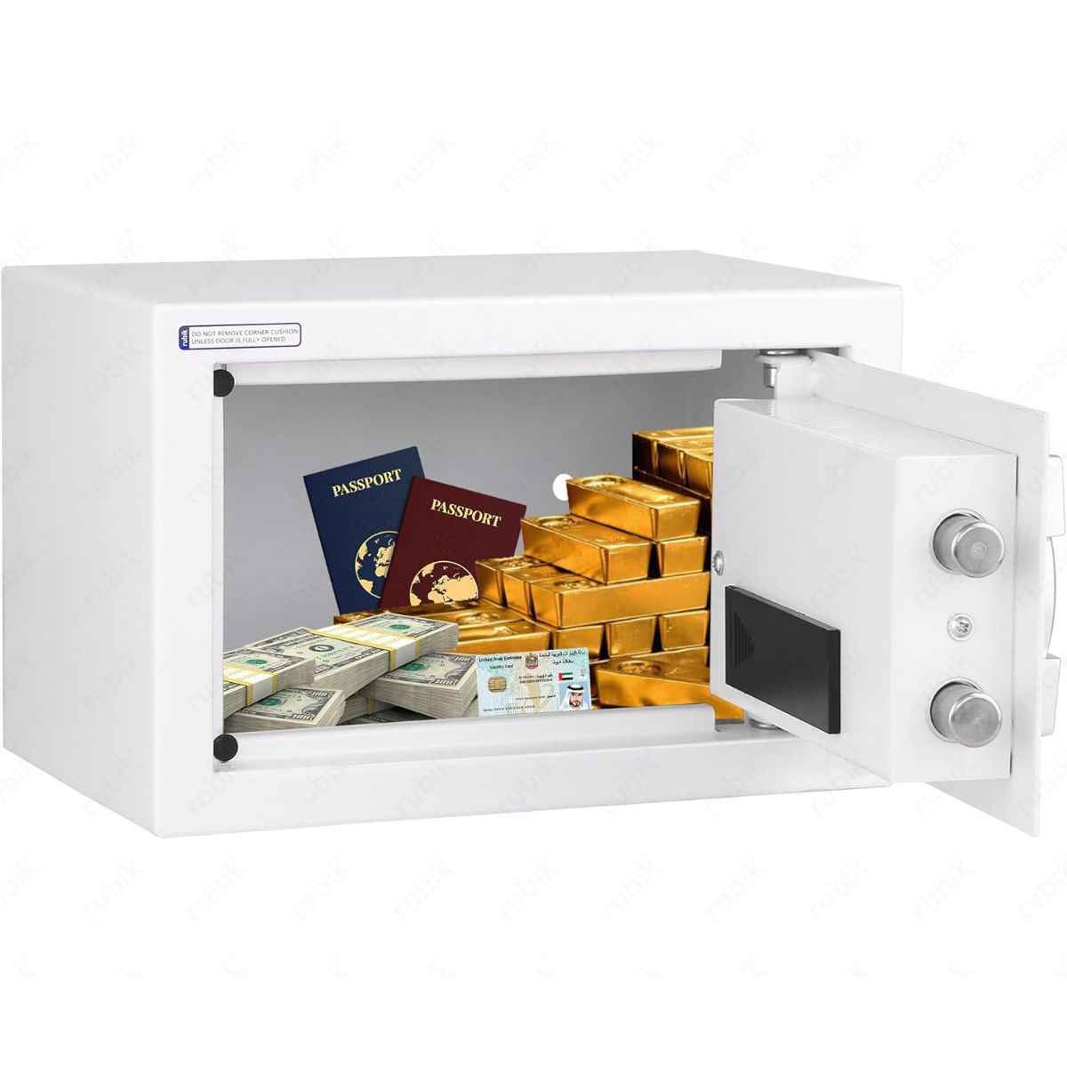 Rubik Small Safe Box with Digital Keypad & Key Lock – 20x31x20cm, Black, White