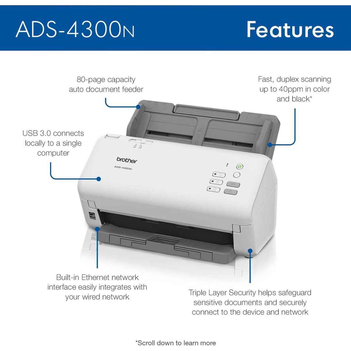 Brother ADS-4300N Scanner, 80 Sheets ADF, 40 PPM Simplex / 80 IPM Duplex Scan Speed, 600 DPI Resolution, Black/White | 5WDE0600173