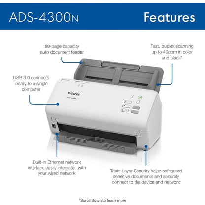 Brother ADS-4300N Scanner, 80 Sheets ADF, 40 PPM Simplex / 80 IPM Duplex Scan Speed, 600 DPI Resolution, Black/White | 5WDE0600173
