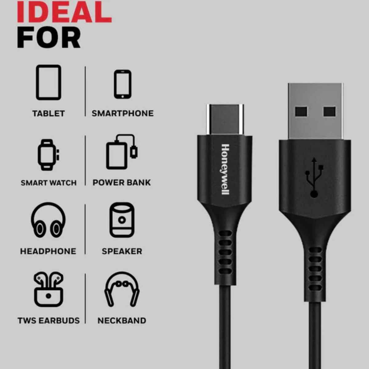 Honeywell Type C USB 2.0 Cable, PD 60W, QC 3.0, 1.8 Mtr, Fast Charge & Ultra Soft Silicone Sync Cable, Black