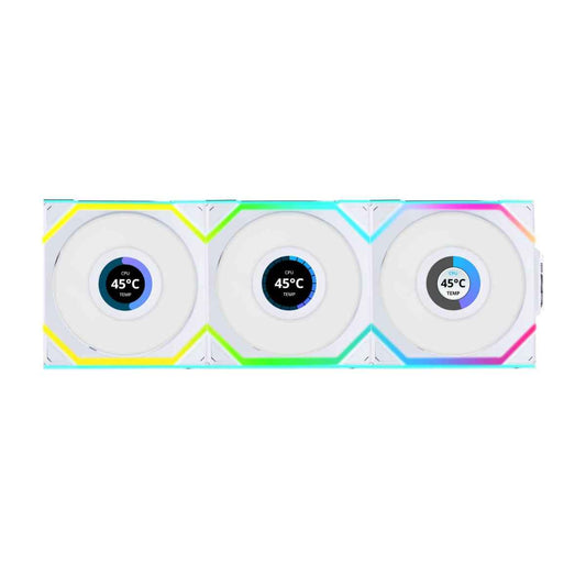 Lian-Li UNI FAN SL Wireless LCD Case Fan – 120mm, 1900 RPM, 58.08 CFM Airflow, Fluid Dynamic Bearing, Pack of 3 | Black / White