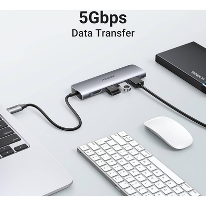 UGREEN CM511 6-in-1 USB Type-C Multifunction Hub | USB 3.2 Gen 1 | 5Gbps | 4K @ 30Hz | 104MB/s | Gray | 20956