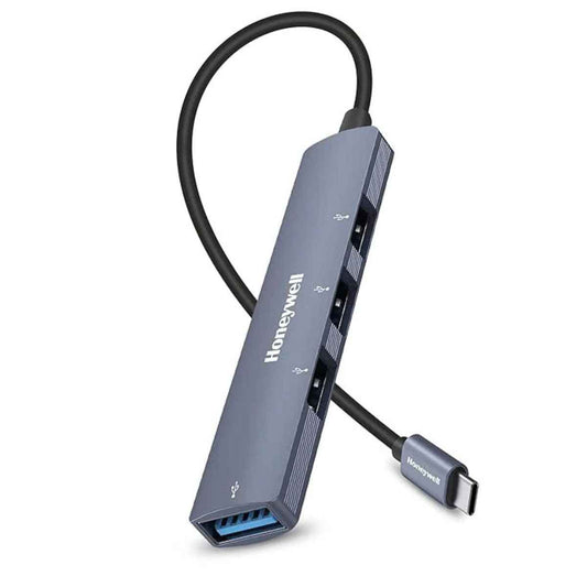 Honeywell 4in1 Ultra Slim Multiport Type C Hub to 1xUSB 3.0 & 3xUSB 2.0 Ports,30cms(1 feet) Cable,DataTransfer Speed Upto 5GBPS,Universally Compatible | HC000016/LAP/PH/4U