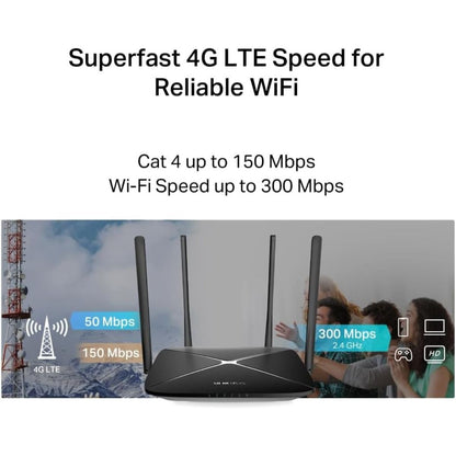MERCUSYS MB115-4G N300 4G LTE Router | Cat 4 150 Mbps | 300 Mbps Wi-Fi 4 | Nano SIM | 4 External Antennas | 32 Devices