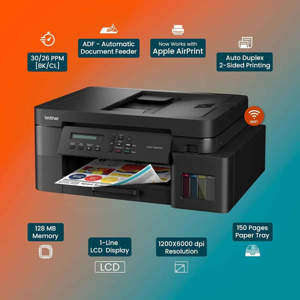 Brother DCP-T830DW Ink Tank  Black Printer, 1200 x 6000 DPI, 17 IPM Print Speed, Auto 2-Sided Duplex Printing, 20 Sheets Auto-Document Feeder, WiFi, WiFi-Direct, USB 2.0, LAN