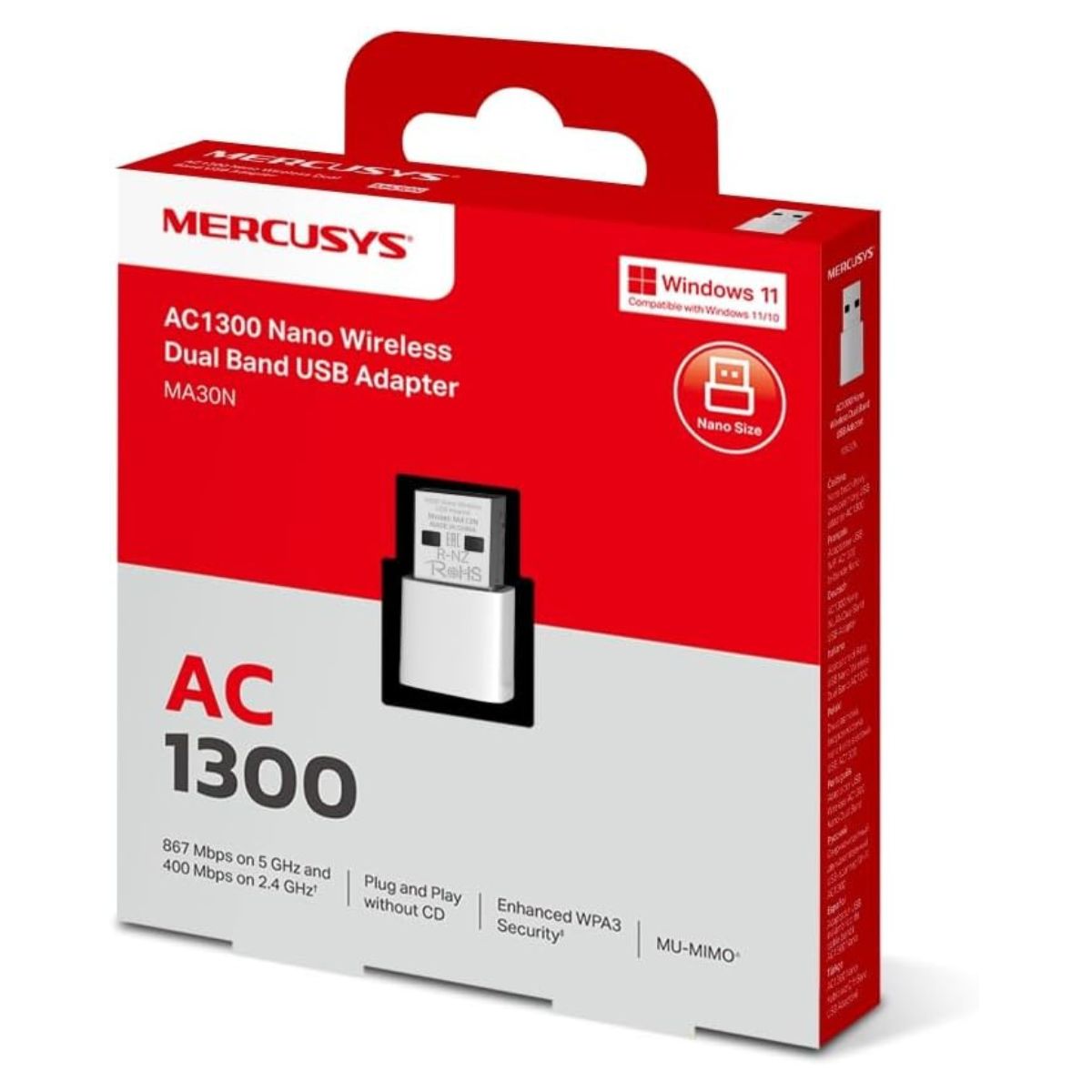 MERCUSYS MA30N AC1300 Nano Wi-Fi Adapter | Dual-Band 1267 Mbps | USB 2.0 | Internal Antenna | WPA3 | Black