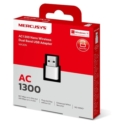 MERCUSYS MA30N AC1300 Nano Wi-Fi Adapter | Dual-Band 1267 Mbps | USB 2.0 | Internal Antenna | WPA3 | Black