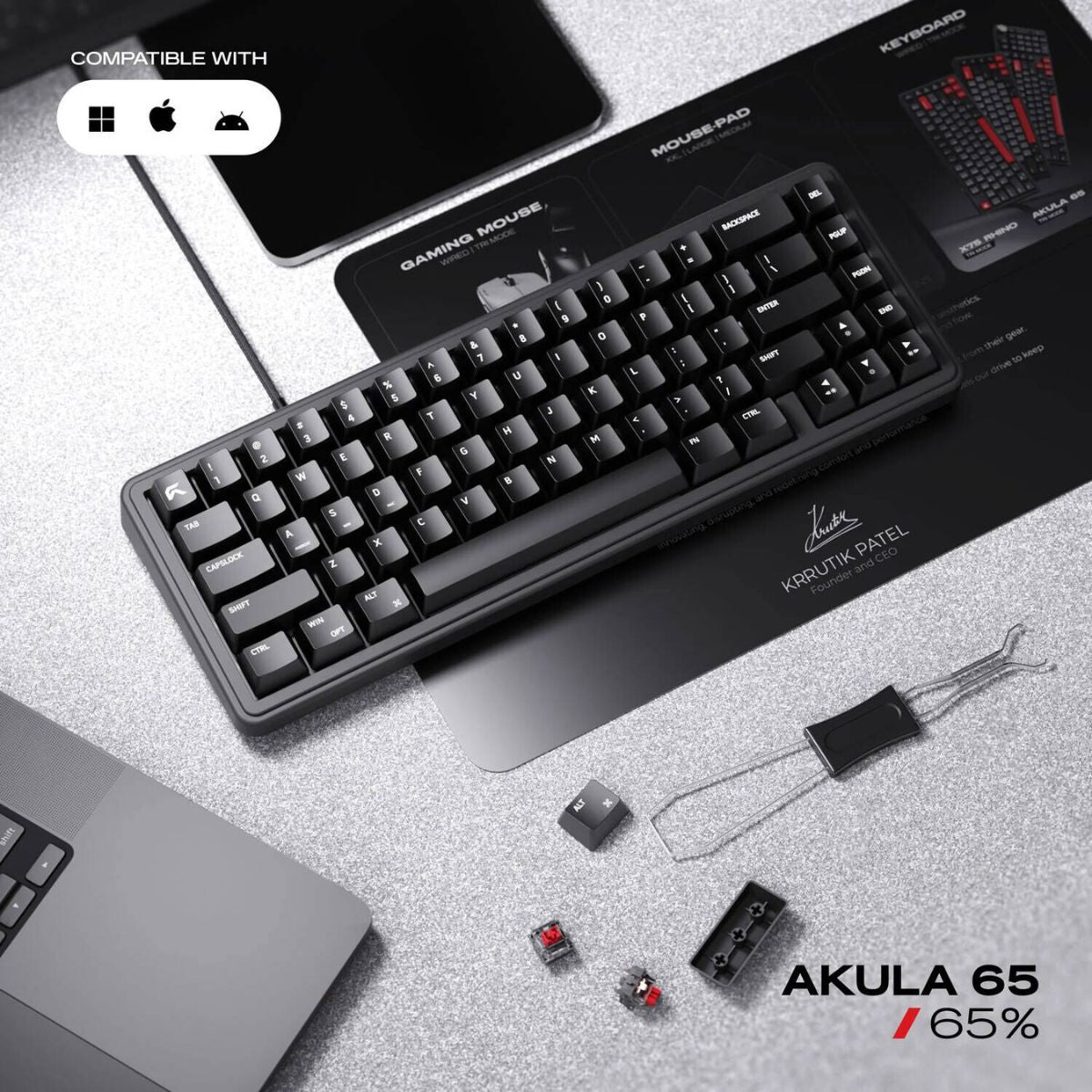 Cybeart Akula 65 Lite Mechanical Gaming Keyboard | 65% Compact Layout | Hot-Swappable Pre-Lubed Switches | RGB Backlit | Wired USB-C | Black | KB-AKULA65LITE-CYB01