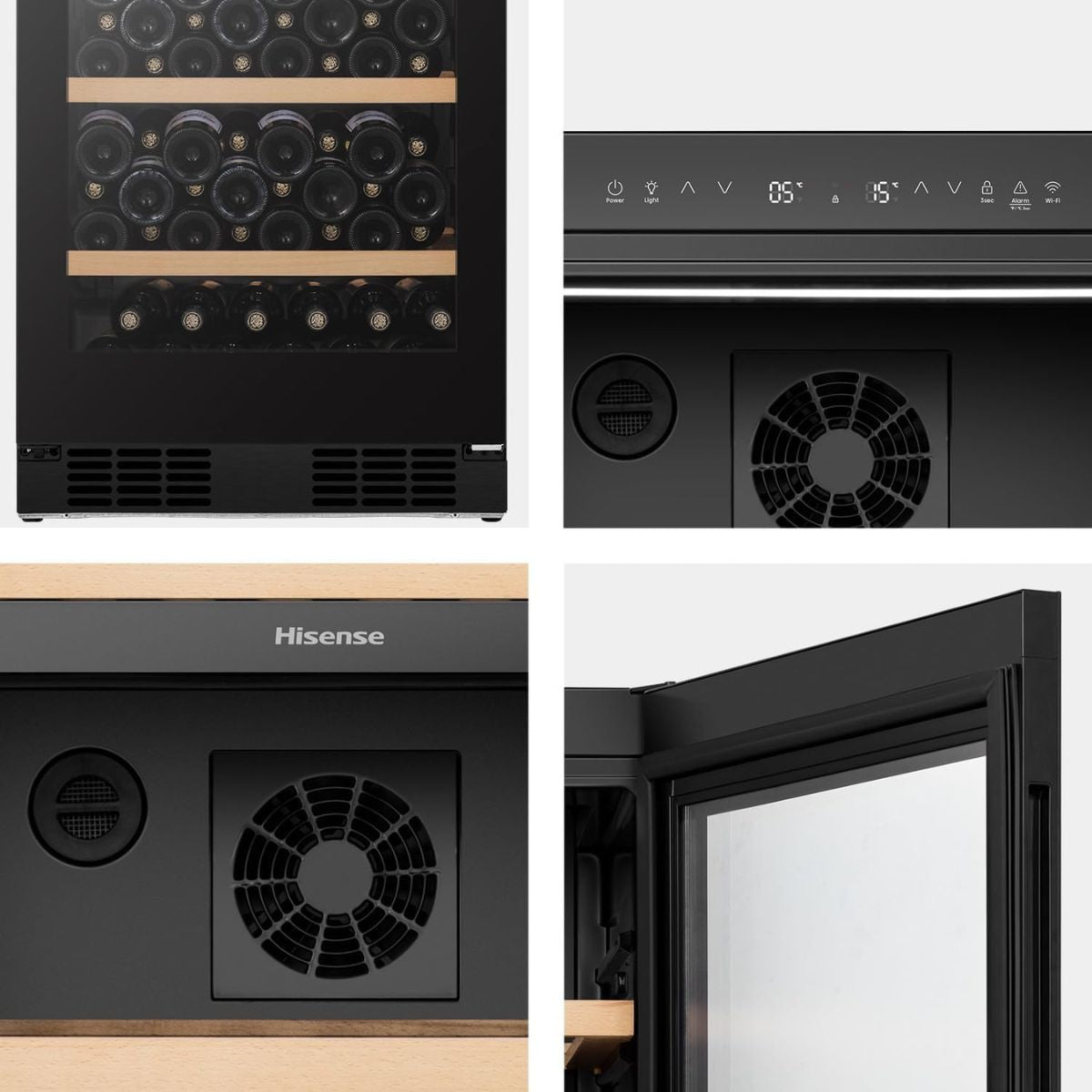 Hisense RW3N230GALF Wine Cooler, 108 Bottle Capacity, Dual Temperature Zone, Low Noise Operation, Reversible Door, Black