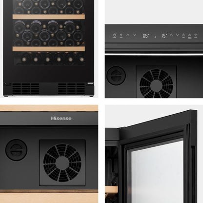 Hisense RW3N230GALF Wine Cooler, 108 Bottle Capacity, Dual Temperature Zone, Low Noise Operation, Reversible Door, Black