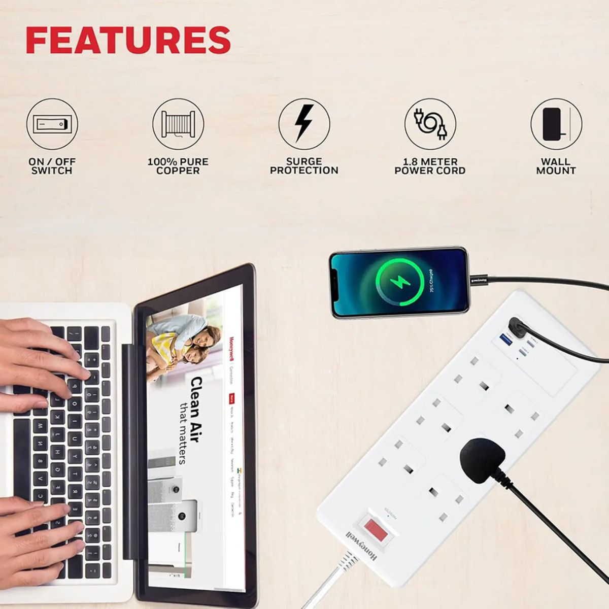 Honeywell Surge Protector - 6 Universal Sockets, 2xPD 20W & 2xUSB, 1.8 Meter Cord, White
