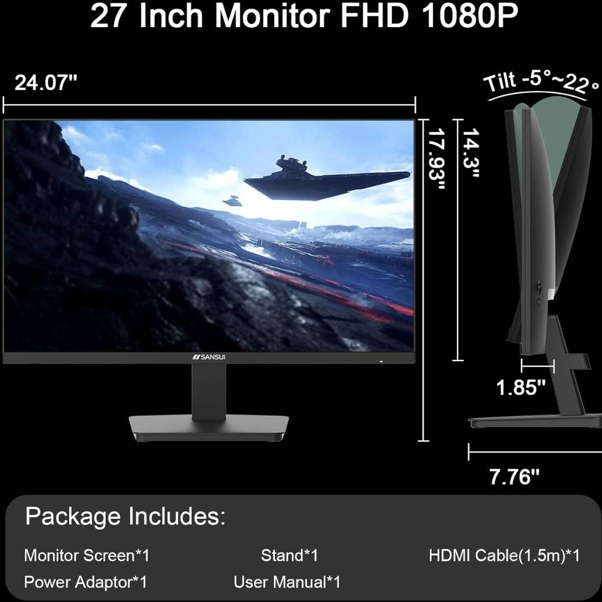 Sansui 27" X3AL Full HD Monitor – 100Hz/120Hz, IPS, 5ms, FreeSync, HDMI/DP (ES-27X3AL)
