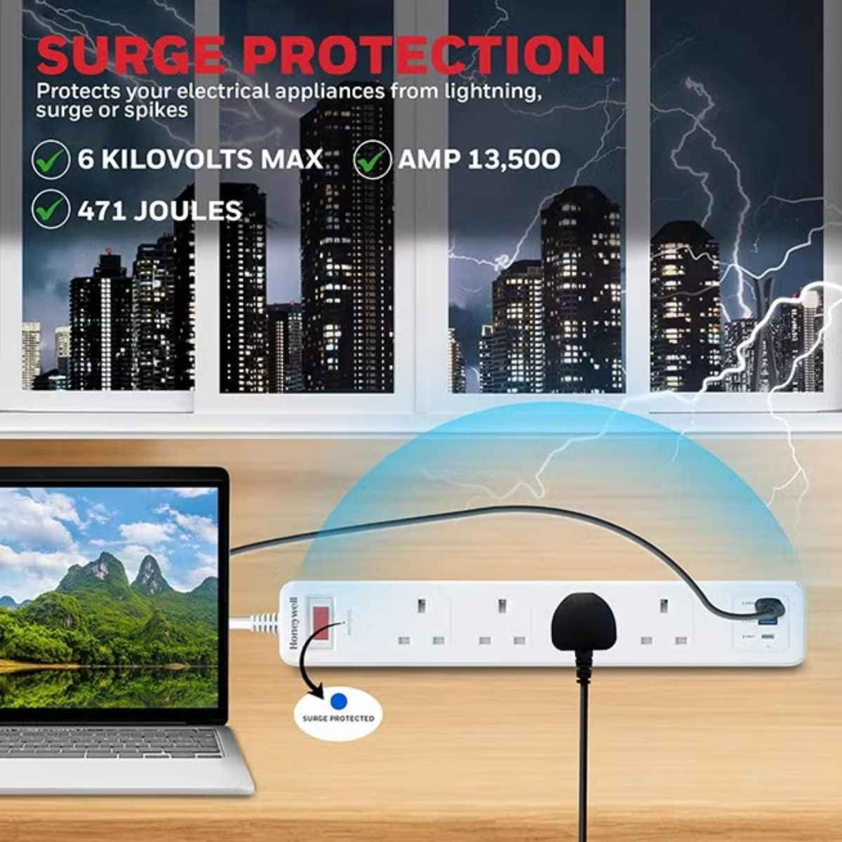 Honeywell Surge Protector - 4 Universal Sockets, 1xPD 20W & 2xUSB, 1.8 Meter Cord, White