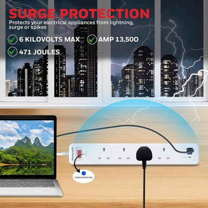Honeywell Surge Protector - 4 Universal Sockets, 1xPD 20W & 2xUSB, 1.8 Meter Cord, White