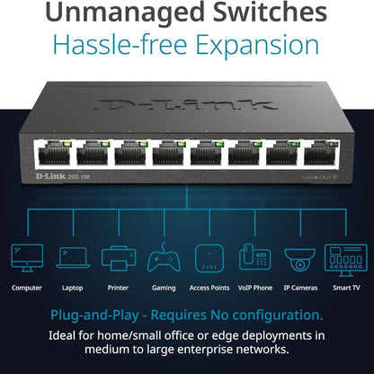 D-Link DGS-108 Unmanaged Switch – 8-Port Gigabit Ethernet, Plug & Play Network Expansion