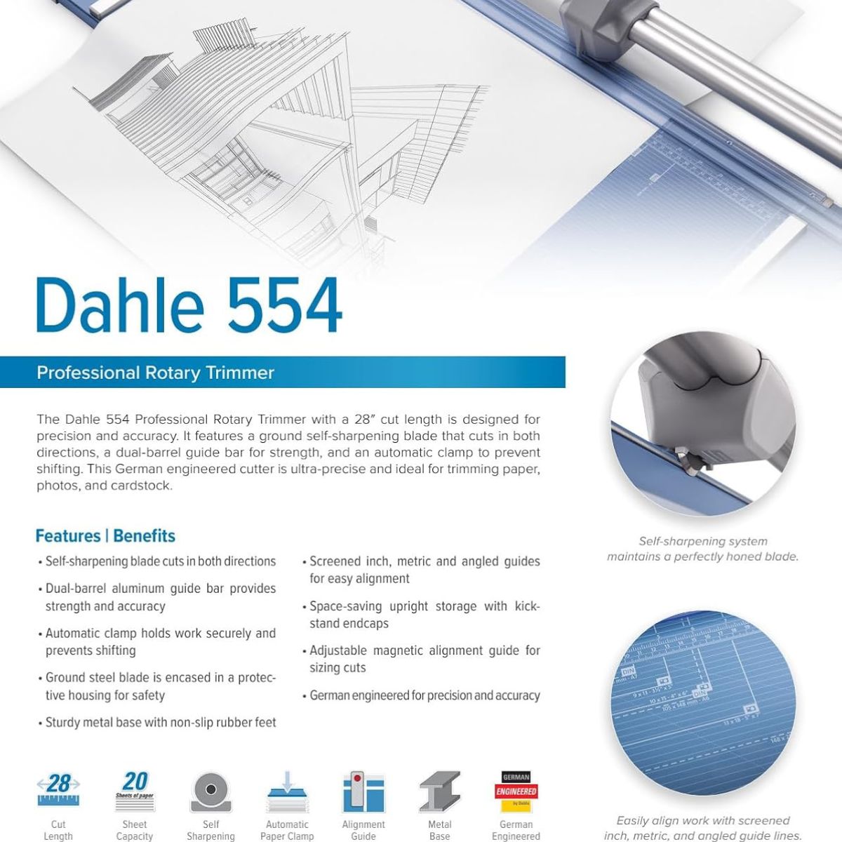Dahle 554 Professional Rotary Trimmer | 71.1 cm Cut Length | 20 Sheet Capacity | Self-Sharpening | Dual Guide Bar | Automatic Clamp | German Engineered | DHL 00554-15002
