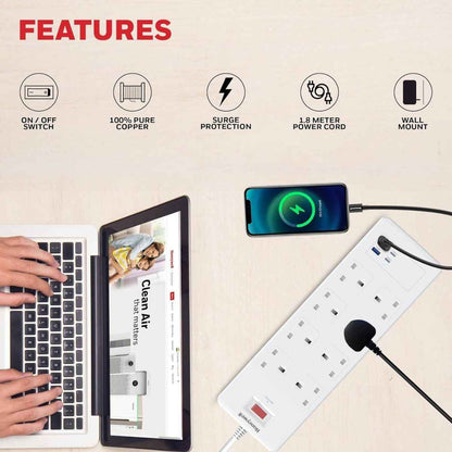 Honeywell Surge Protector - 8 Universal Sockets, 2xPD 20W & 2xUSB, 1.8 Meter Cord, White