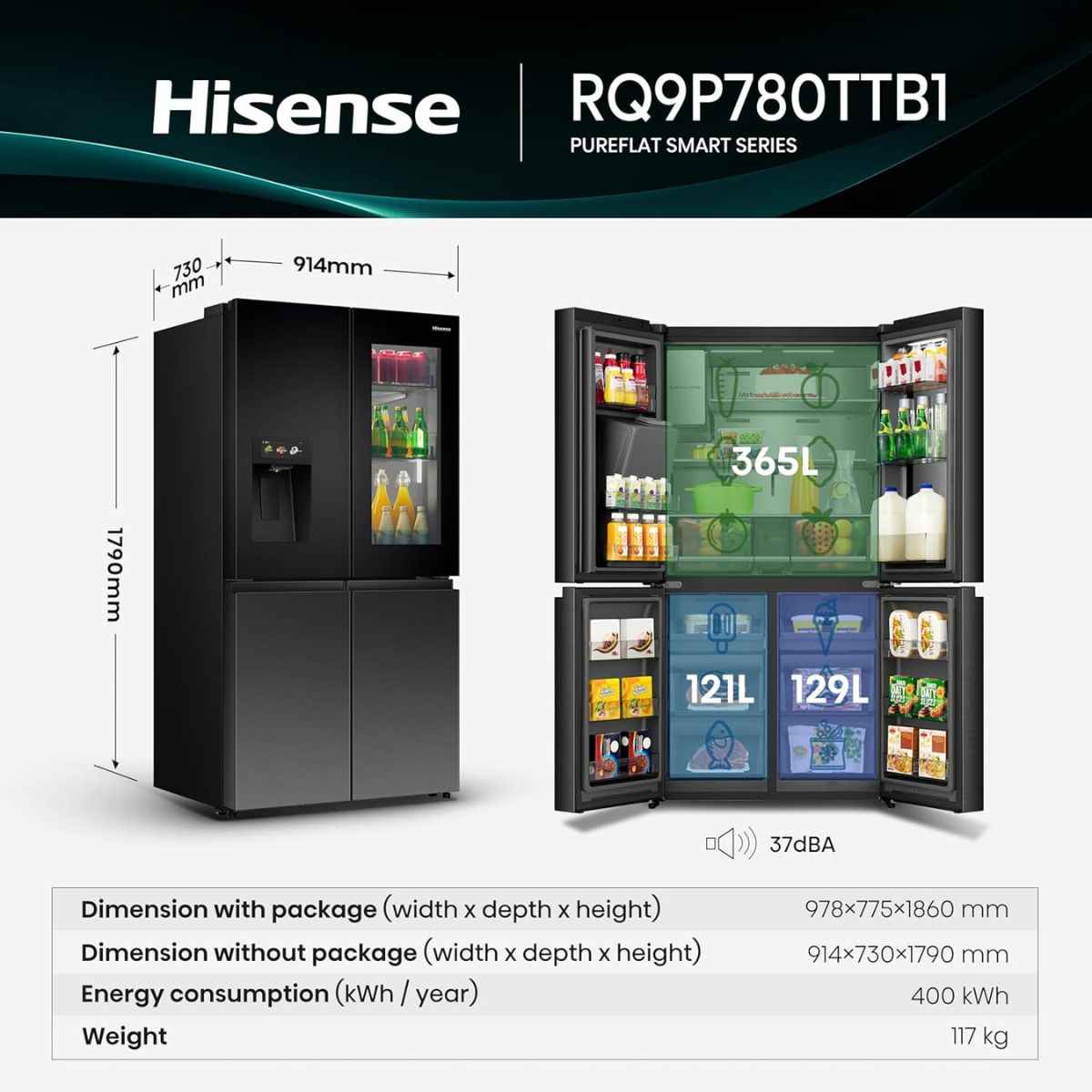 Hisense 607L Four Door French Smart Refrigerator – RQ9P780TTB1, Grey Finish