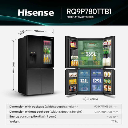 Hisense 607L Four Door French Smart Refrigerator – RQ9P780TTB1, Grey Finish
