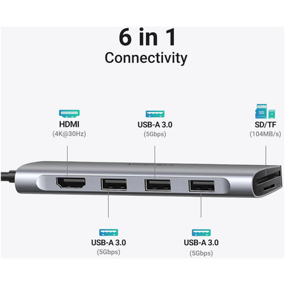 UGREEN CM511 6-in-1 USB Type-C Multifunction Hub | USB 3.2 Gen 1 | 5Gbps | 4K @ 30Hz | 104MB/s | Gray | 20956