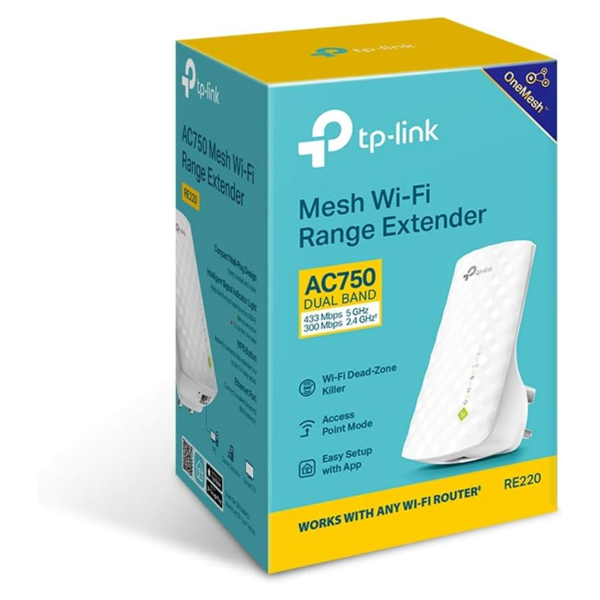 TP-Link RE200 AC750 Mesh Wi-Fi Range Extender – Dual Band, 750Mbps, OneMesh, Ethernet Port (White)