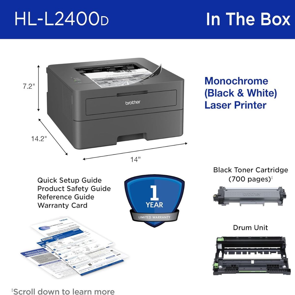 Brother HL-L2400D Compact Mono Laser Printer, Automatic Duplex Printing, Up to 30/32 ppm, USB Connectivity, Black | HL-L2400D