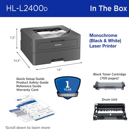 Brother HL-L2400D Compact Mono Laser Printer, Automatic Duplex Printing, Up to 30/32 ppm, USB Connectivity, Black | HL-L2400D